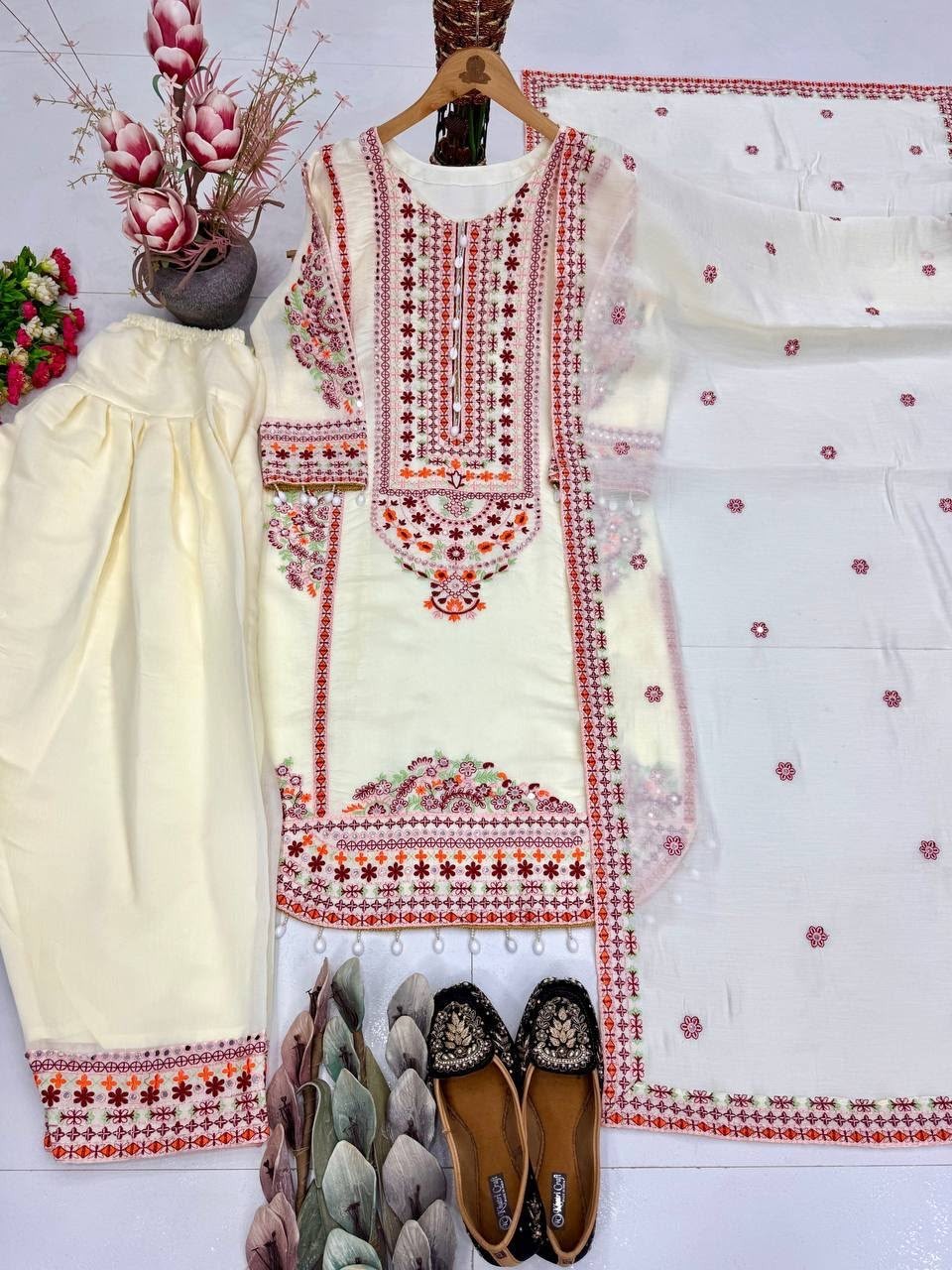 Designer Heavy Mal Chanderi Embroidered Palazzo Suit Set Mirror Work Women