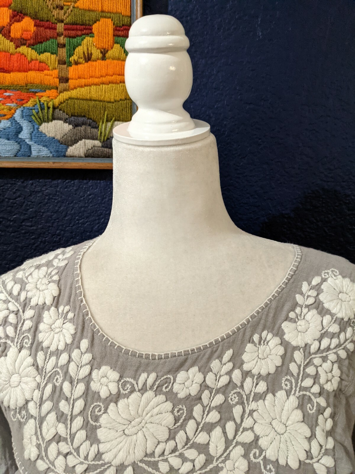 Siren Mexican Embroidered Boho Gray Shirt Blouse Festival Sz XS Extra Small