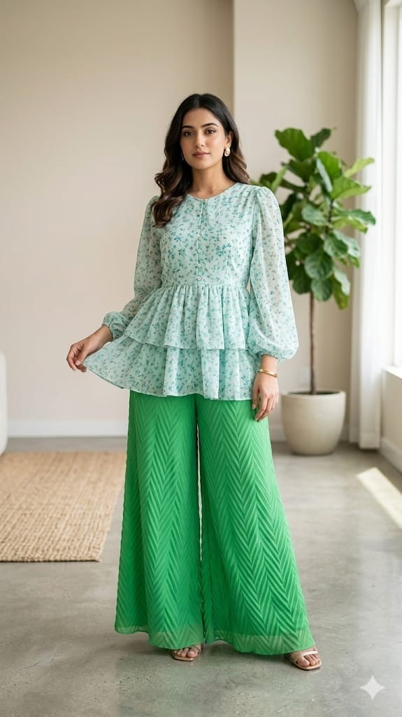 Mint floral printed top with Pleated emerald palazzo pant set for girls