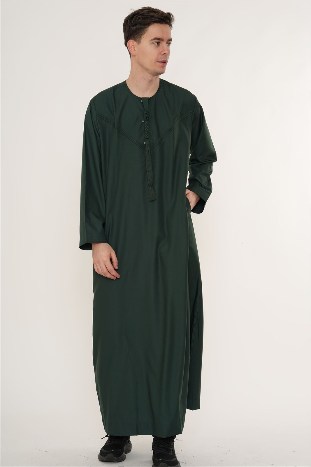 Men’s Olive Green Tassel Thobe Emirati Omani Jubba Islamic Clothing Zipped Eid