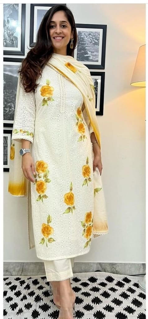 White Salwar Kameez Readymade Women Kurta Palazzo Dupatta Set Chikankari Kurtis