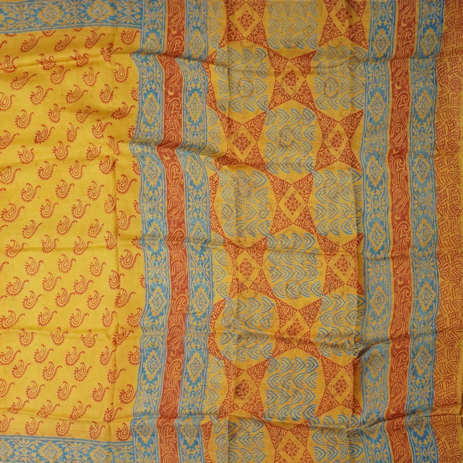 Vintage Mustard Sarees 100% Pure Silk Printed Indian Sari 6YD Craft Decor Fabric