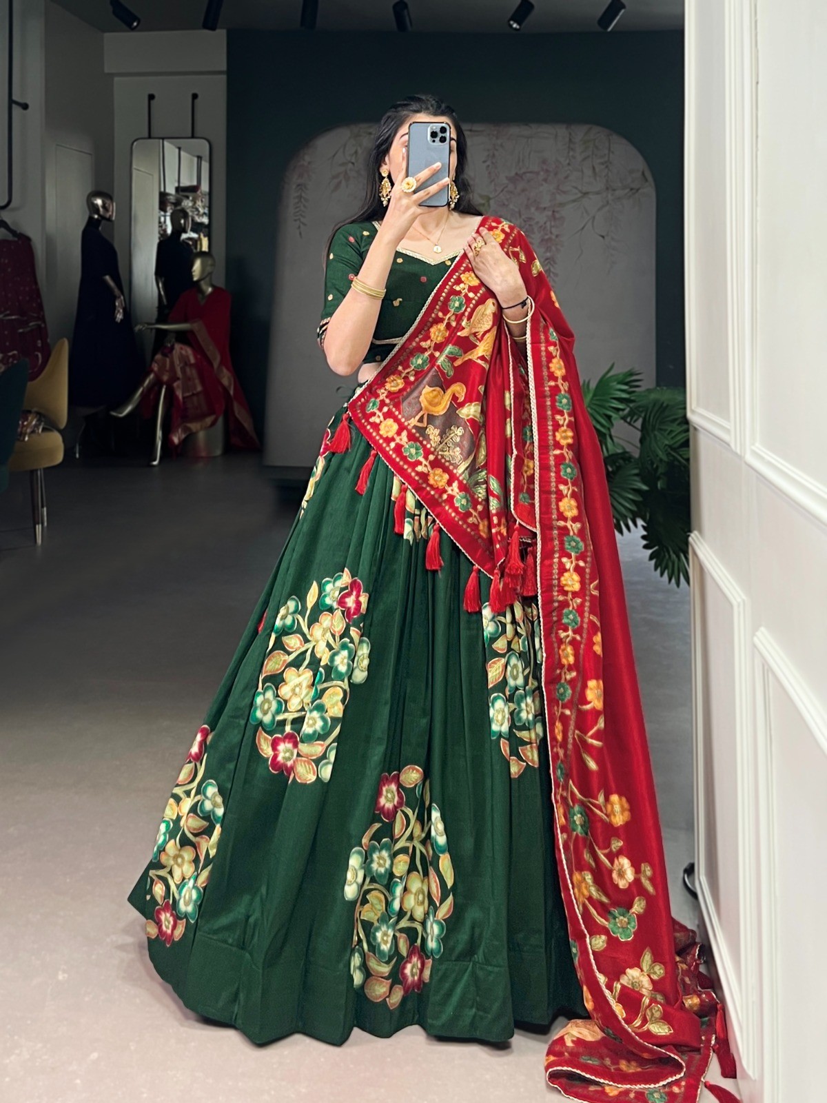 Indian Traditional Tasar Silk Lehenga Choli Foil Print Cultural Outfit For Women
