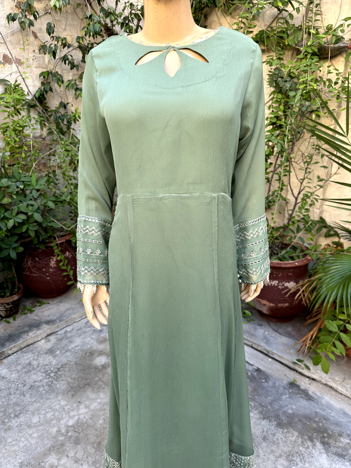 Pakistani Sage Green Long Style Embroidered Sequins fancy Chiffon Dress,XL