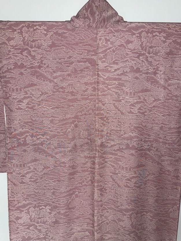 Japanese Kimono Edo Komon Pure Silk Pink Landscape Scenic Vintage Excellent XS