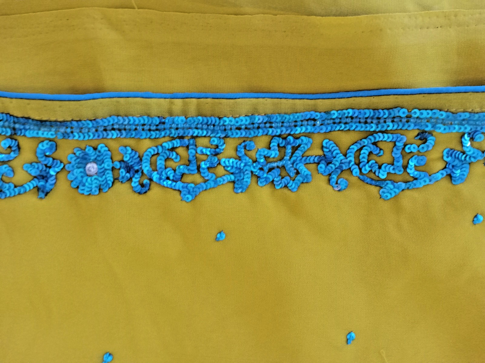 Yellow Chiffon Saree with Aqua Blue Sequins and Blouse (size medium-large)