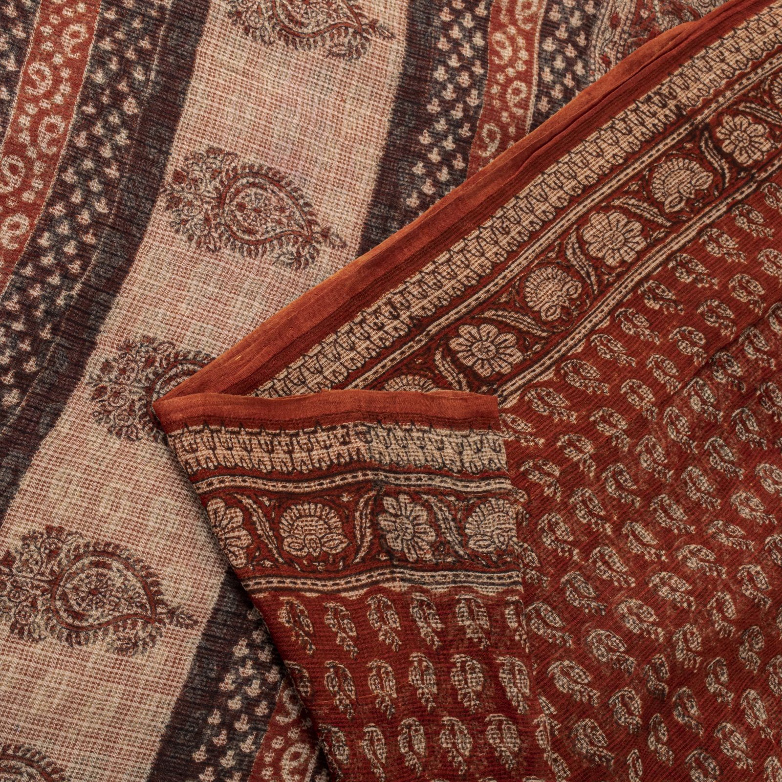 Sanskriti Vintage Kota Saree Brown Pure Cotton Hand Block Print Sari 5.5+Fabric