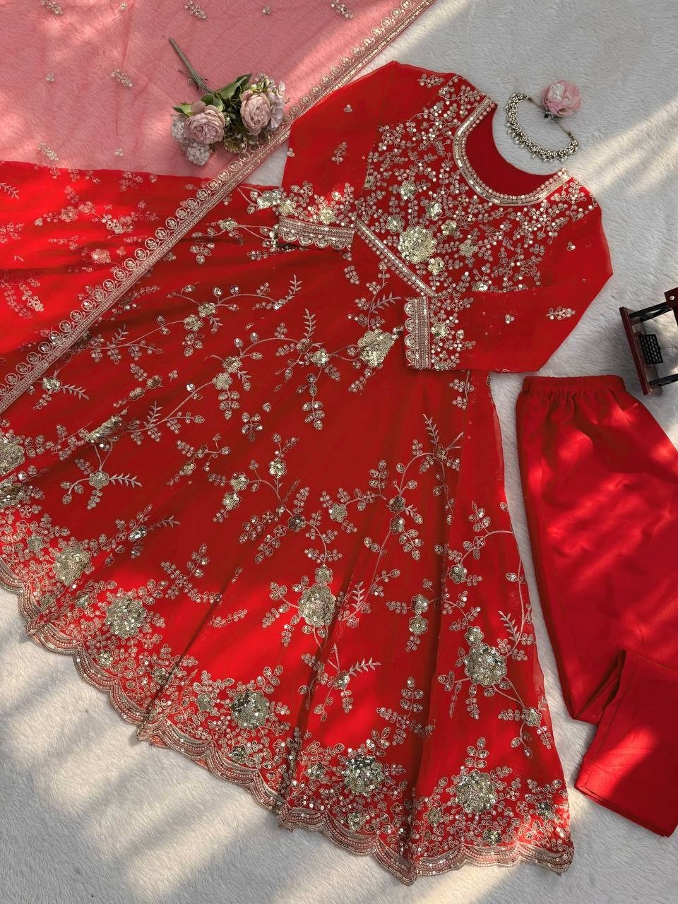 Beautiful Red Faux Georgette Gown Bottom With Dupatta For Reception Wear
