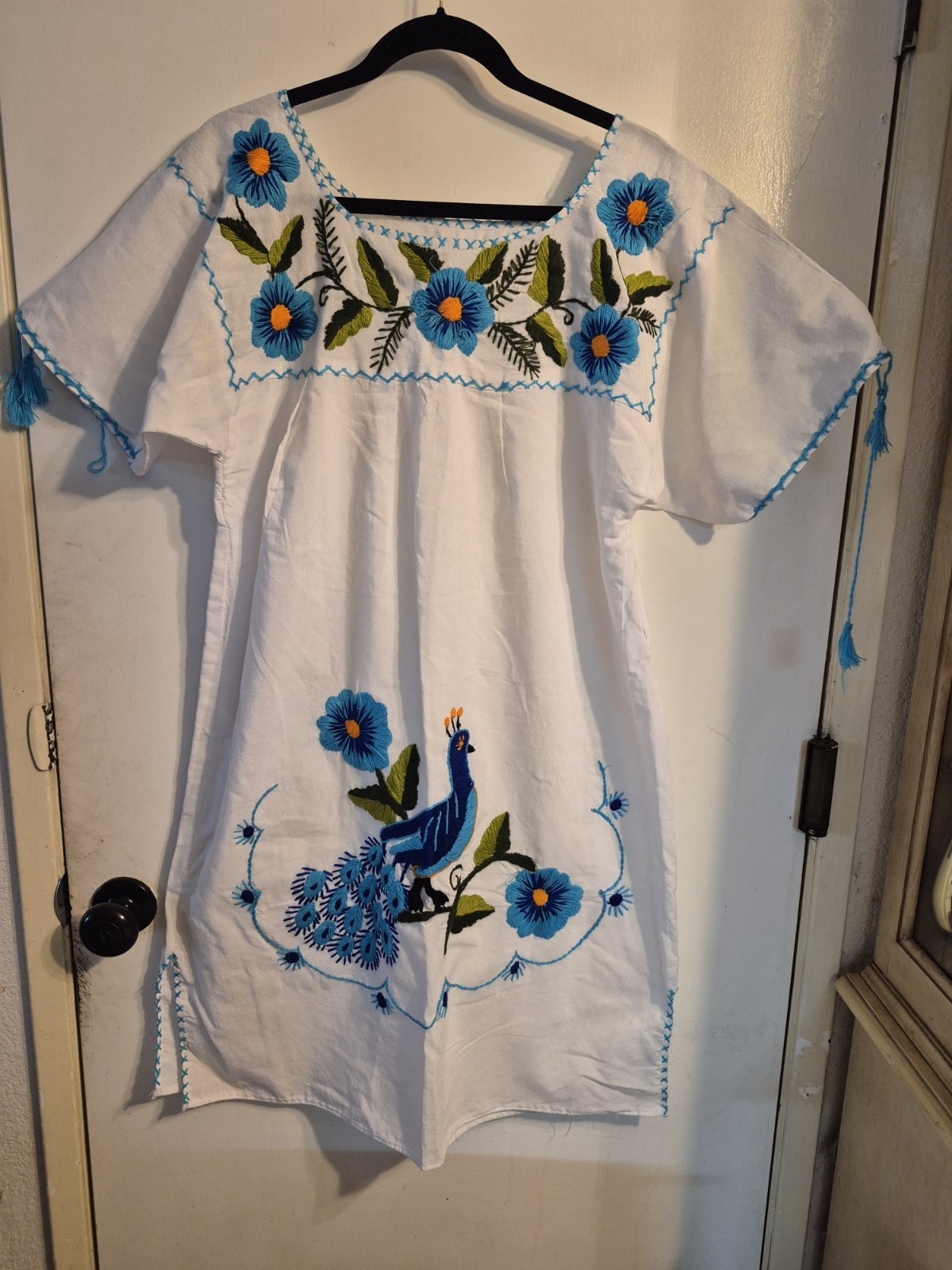 Handmade traditional puebla mexican embroidered White dress with blue floral.c1