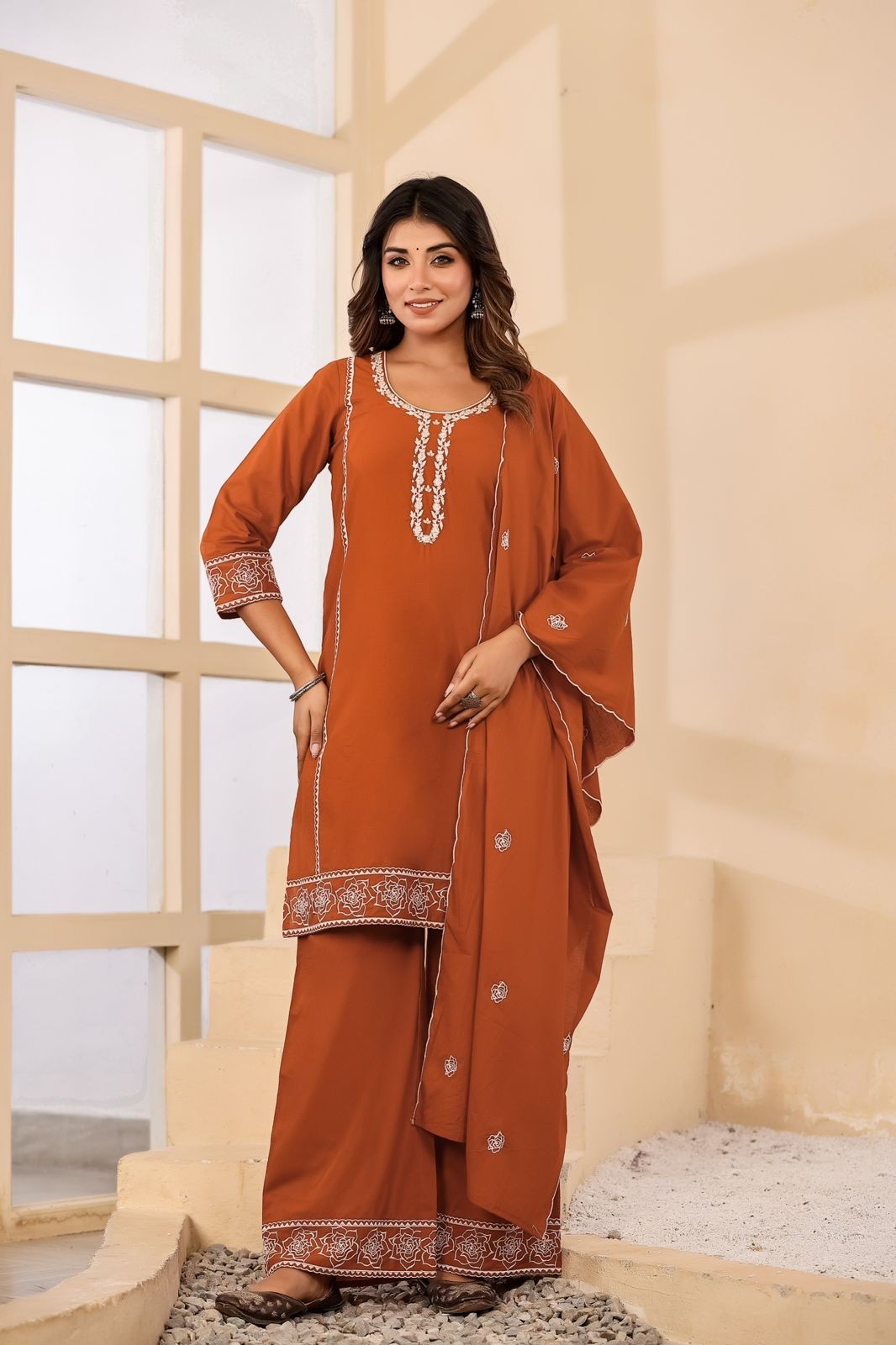 Premium Cotton 60×60 Embroidered Kurta Set with Heavy Handwork Neck, Palazzo