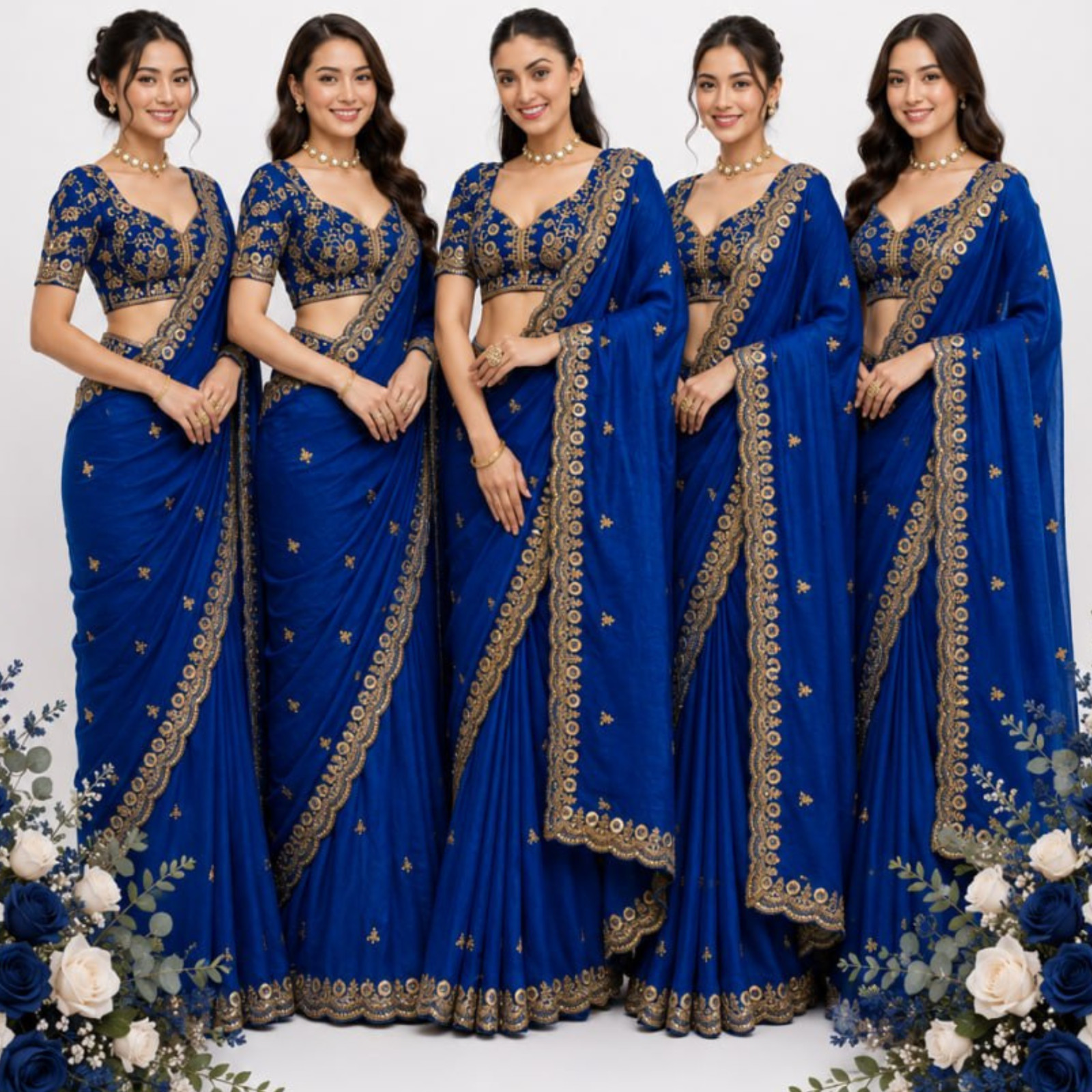 Royal Blue Ready to Wear Saree Gold Embroidered Indian Bridesmaid Pre Draped