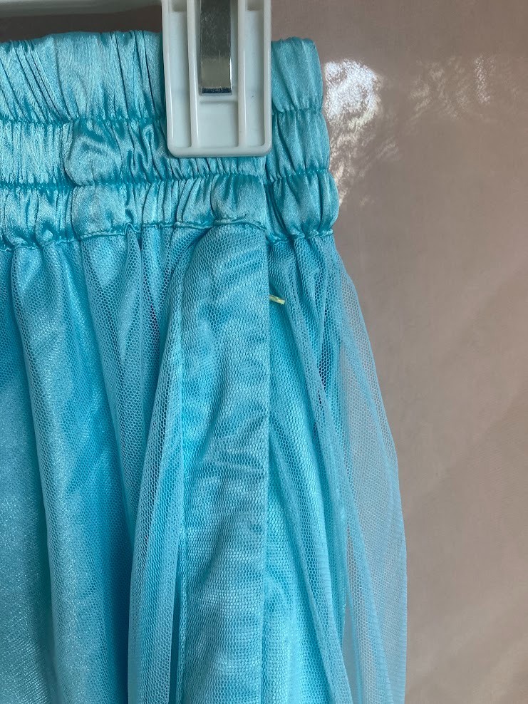 Vintage Indian Sky Blue Tulle Lehenga Skirt Glass Bugle Bead Silver Zardozi 44″