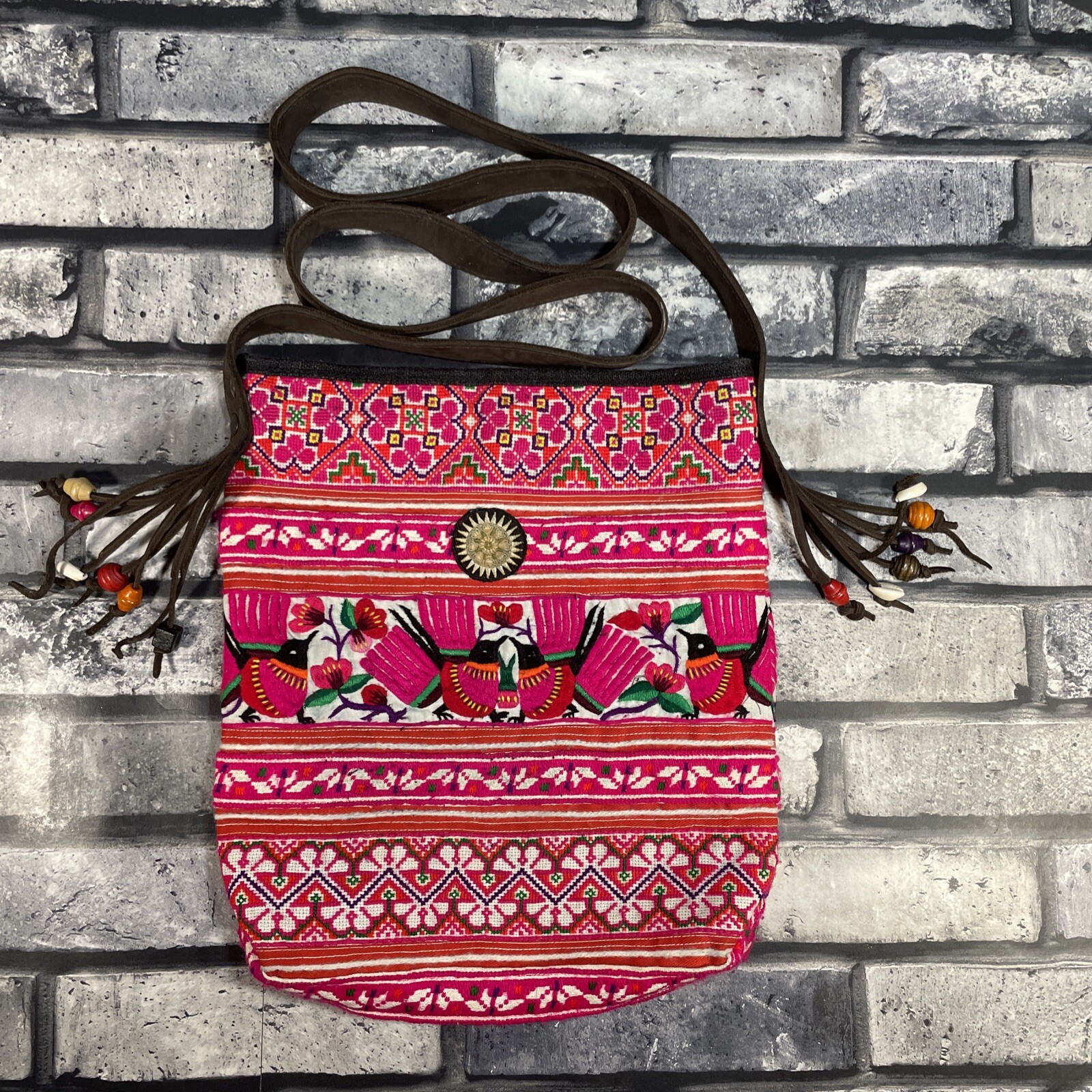 Handmade Guatemalan Hot Pink Crossbody Purse Tote Bag Stitched Bird Design