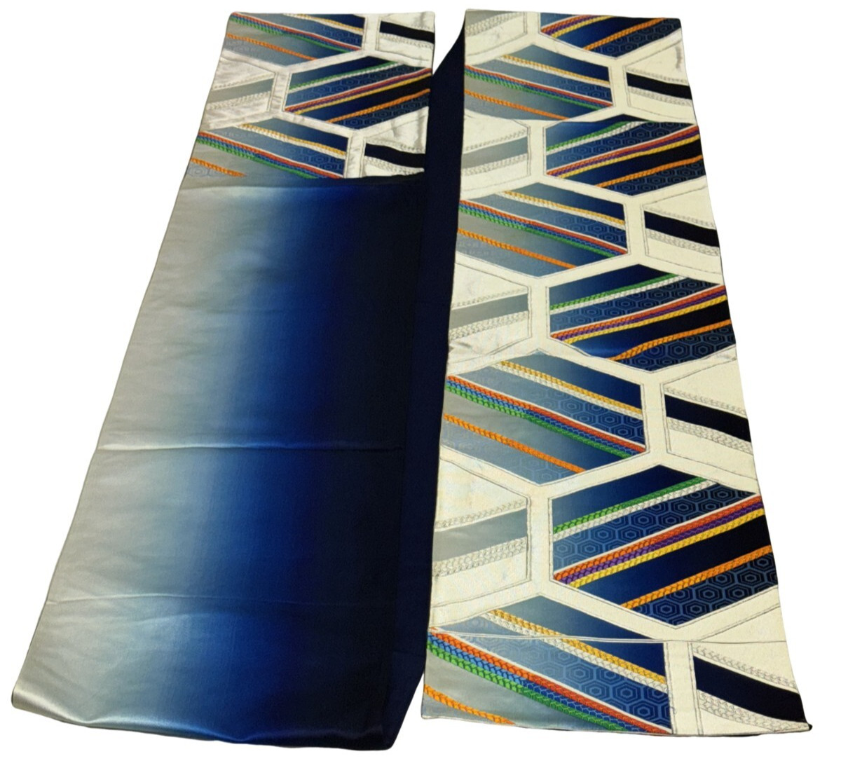 Japanese Vintage Kimono Fukuro Obi silk blue expensive embroidery 165.3×12.2in
