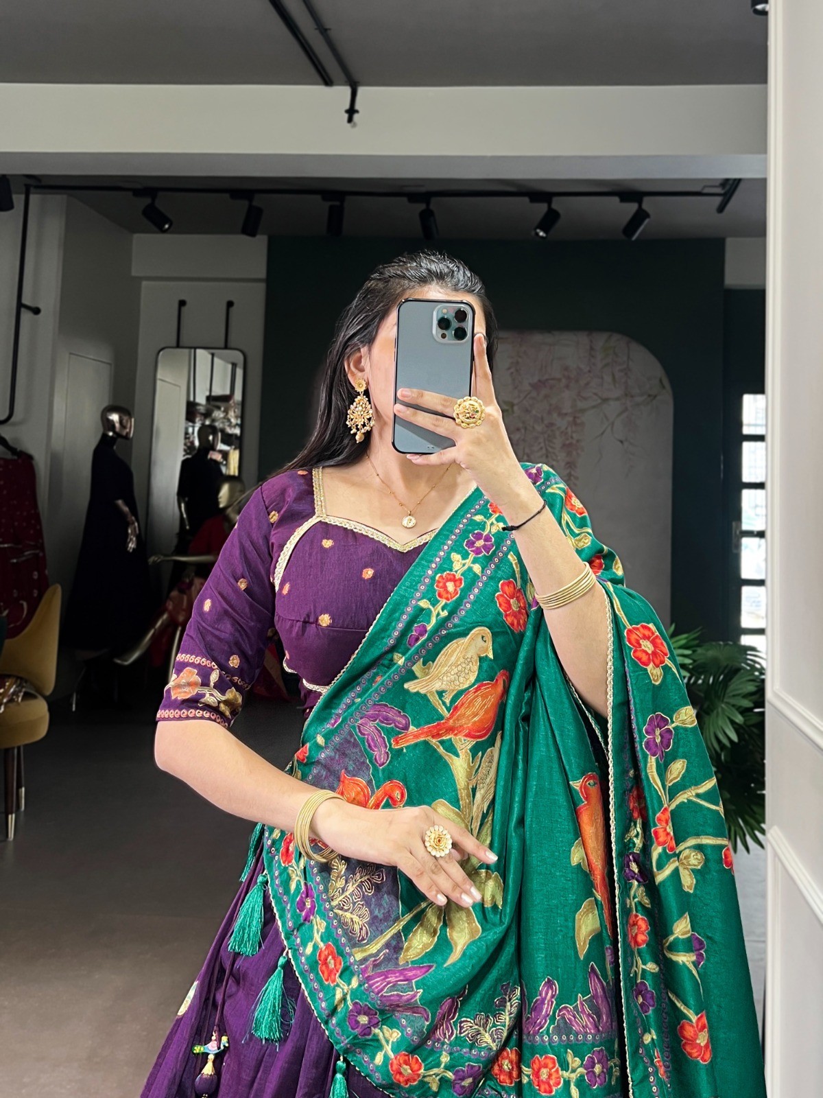 Indian Traditional Tasar Silk Lehenga Choli Foil Print Cultural Outfit For Women