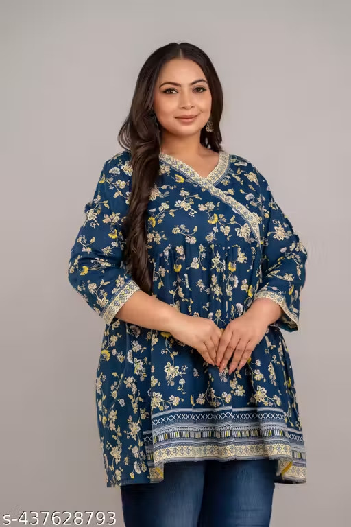 Plus Size Rayon Angrakha Short Kurti for Women Blue Indian Tunic 3XL-10XL