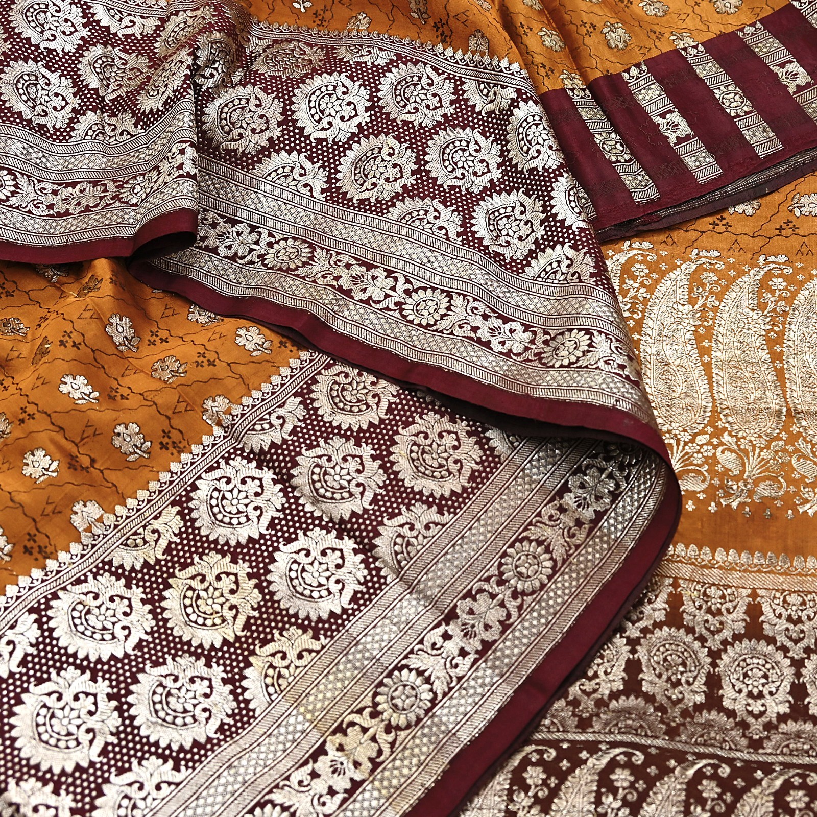 Indian Vintage Sari Brown & Mustard Heavy Pure Satin Silk Woven Banarasi Tanchoi