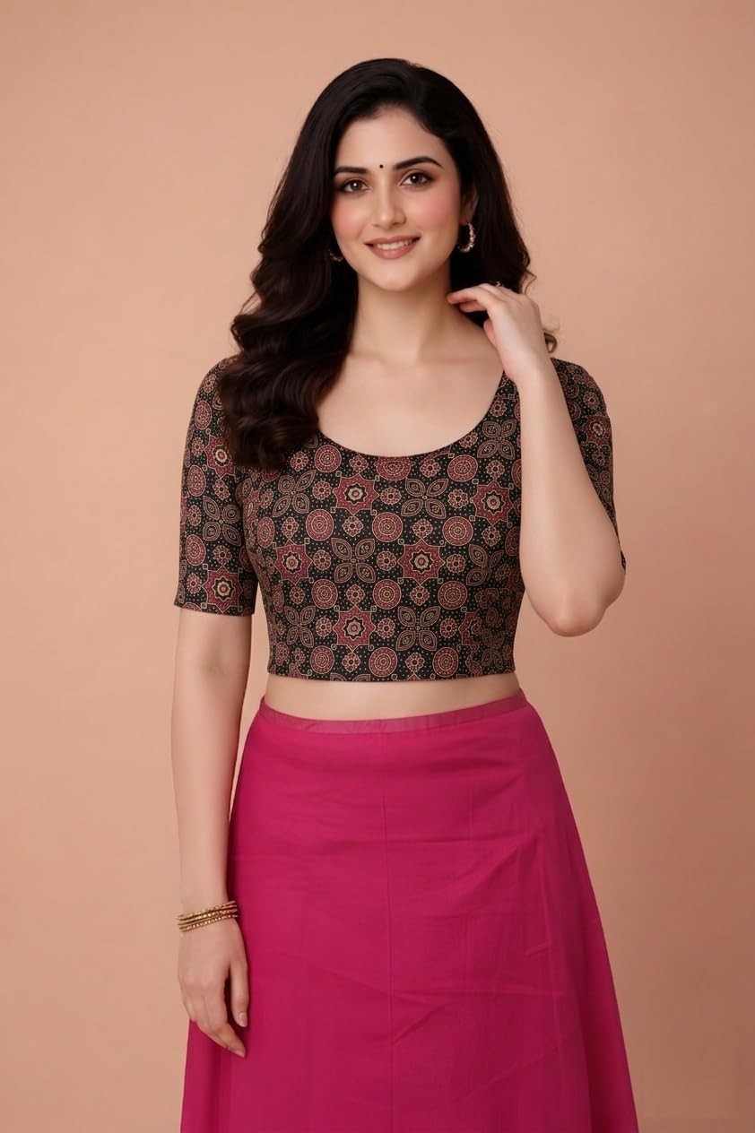 Indian Women’s Kalamkari Print Cotton Stretchable Fully Stitched Saree Blouse
