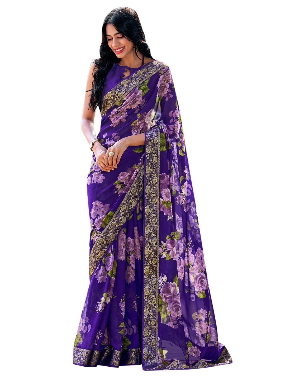 Women’s Floral Georgette Lace Border Saree With Unstitched Blouse Piece