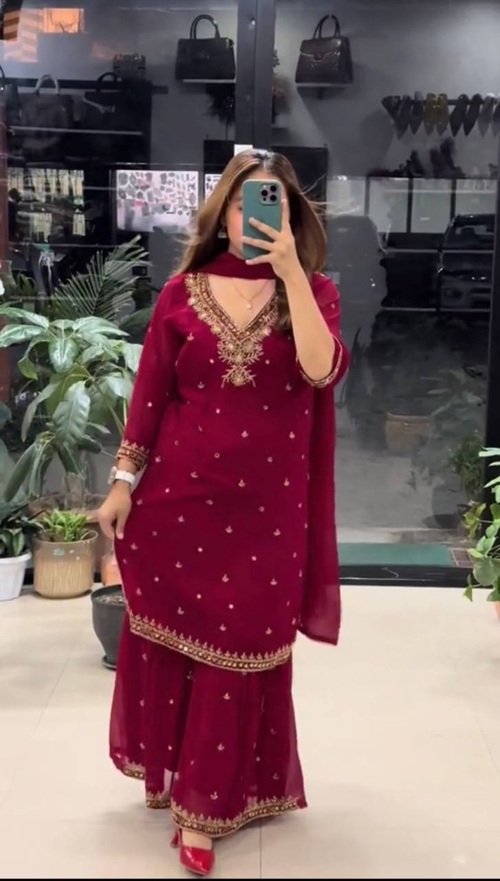 New Heavy Faux Georgette Maroon Top Palazzo With Dupatta For Ethnic Wear