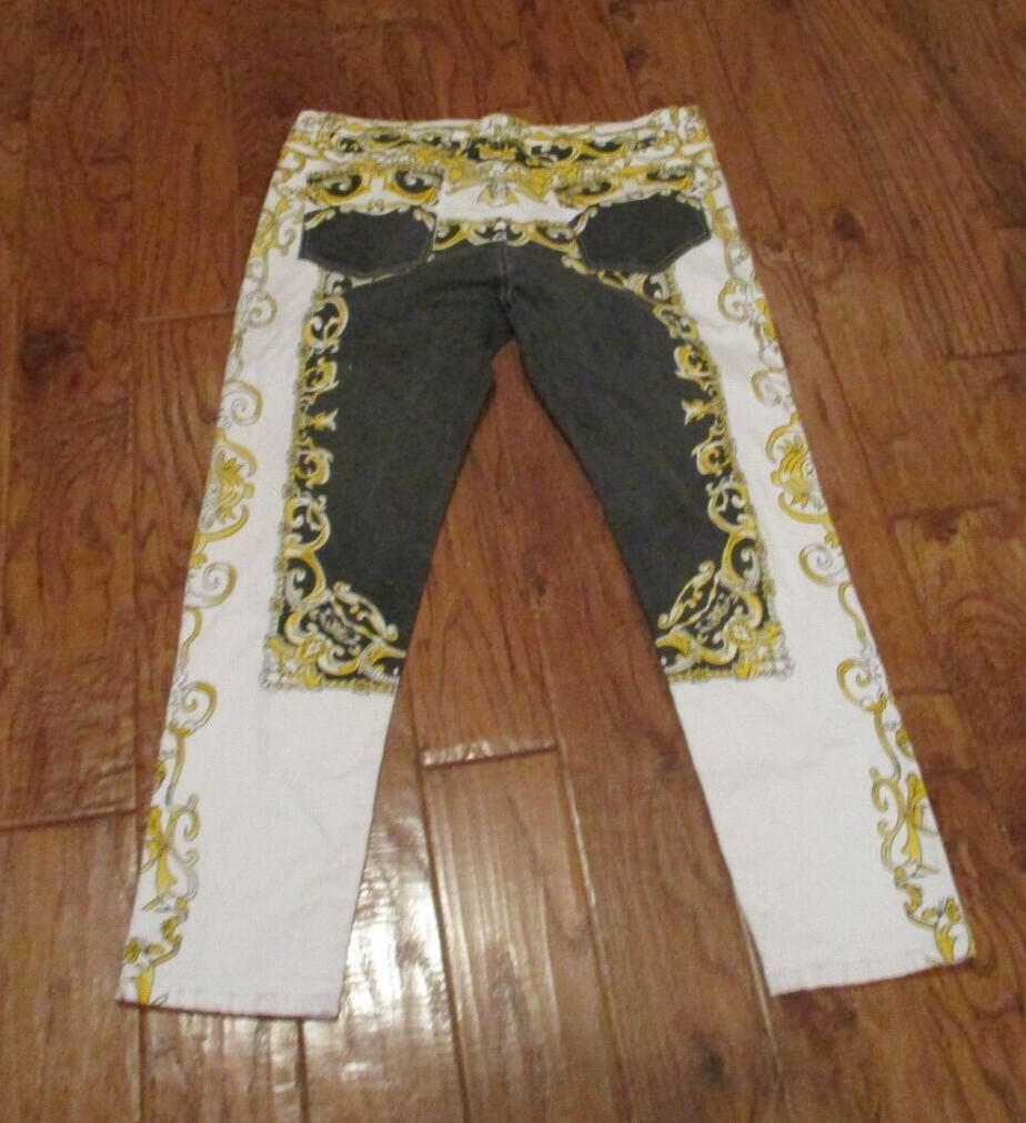 White Jean w/black & gold 97% Cotton 3% Spandex Size 40 Mexican Parties Wedding
