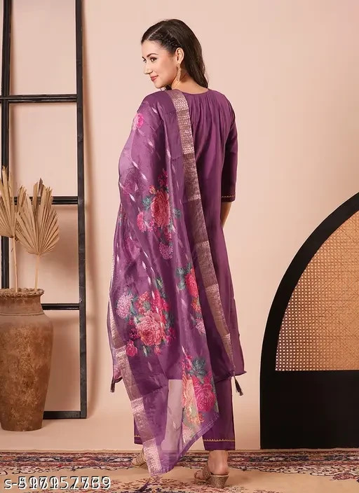 Women Self Design Kurti, Pant and Dupatta Set (Wine) Ind (M884), Kurti for women