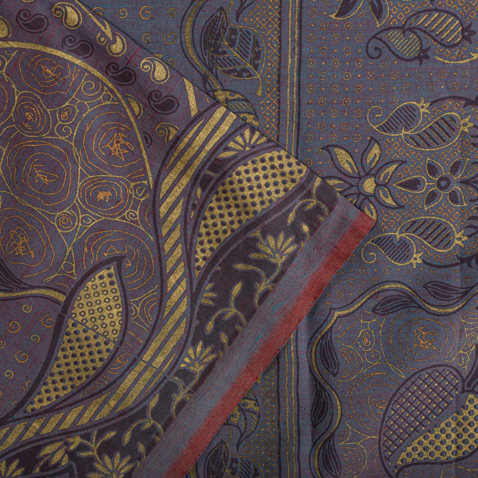 Sanskriti Vintage Saree Grayish Blue Blend Cotton Golden Paint Craft Fabric Sari