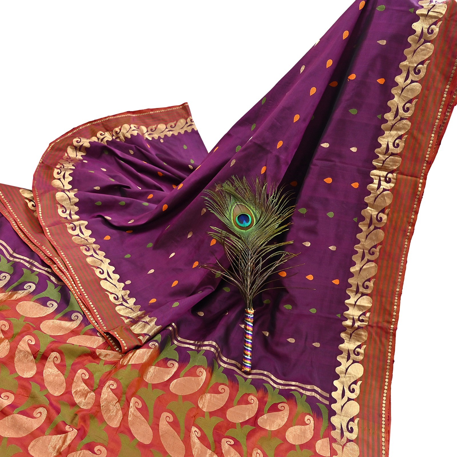 Indian Vintage Heavy Sari Purple & Orange Hand Woven Sarees 100% Pure Silk Zari