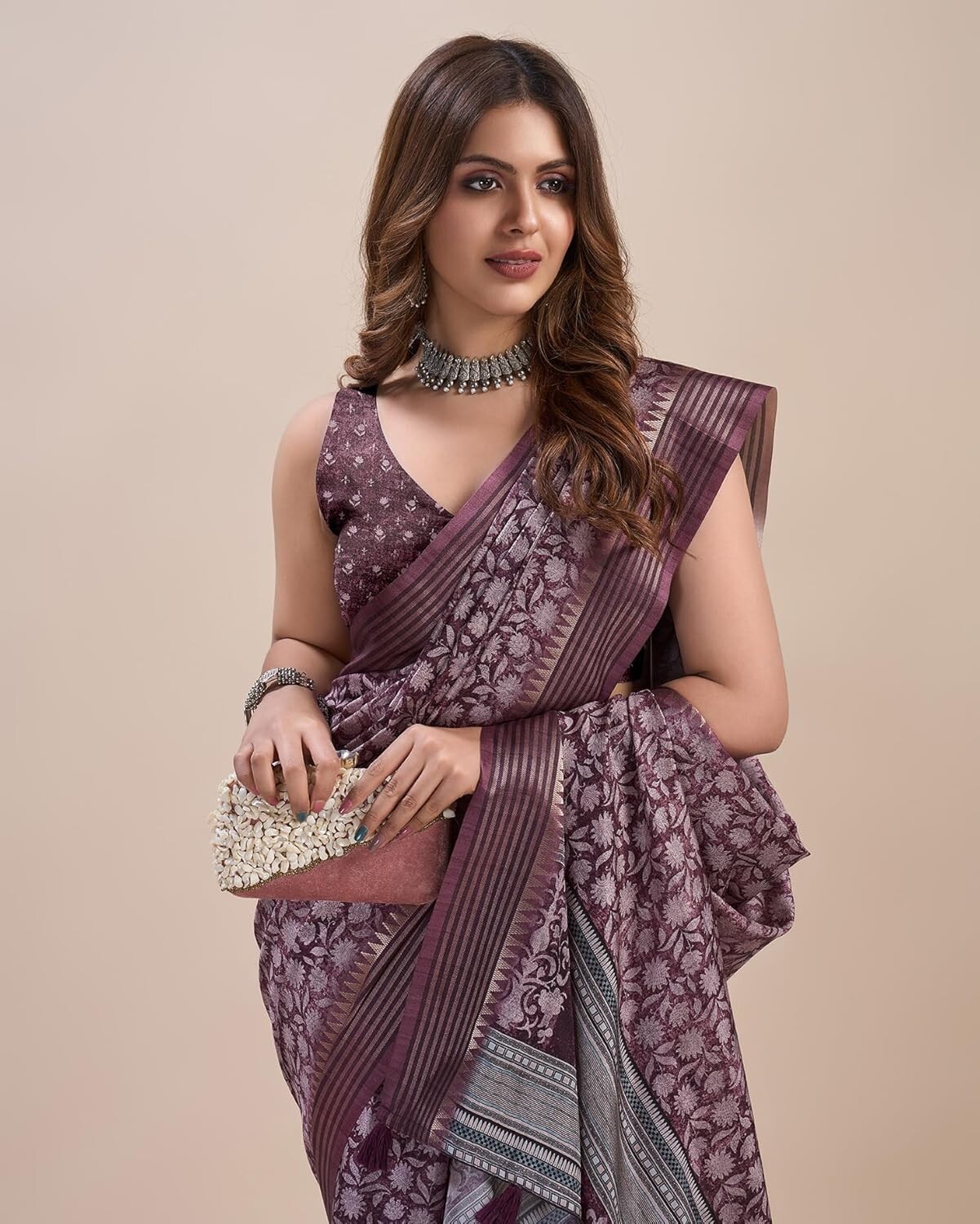Women’s Pashmina Silk Ajrakh Printed Saree With Unstitched Blouse