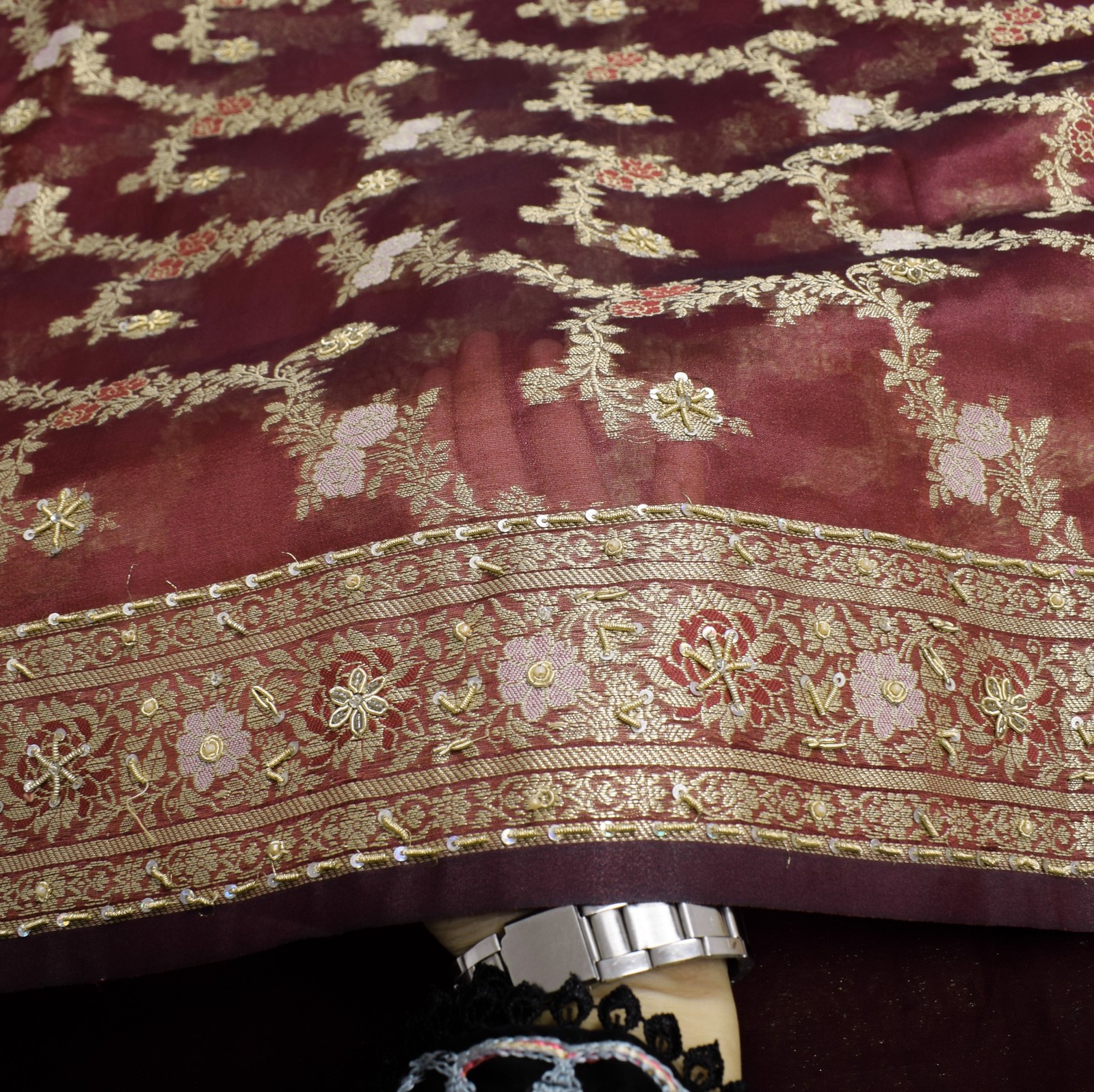 Sushila Vintage Maroon Art Tissue Saree Woven Zari Embellish HEAVY Sari Fabric