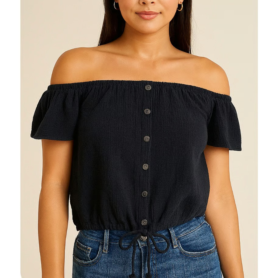 Madewell black textured cropped off the shoulder waist tie blouse SZ XS