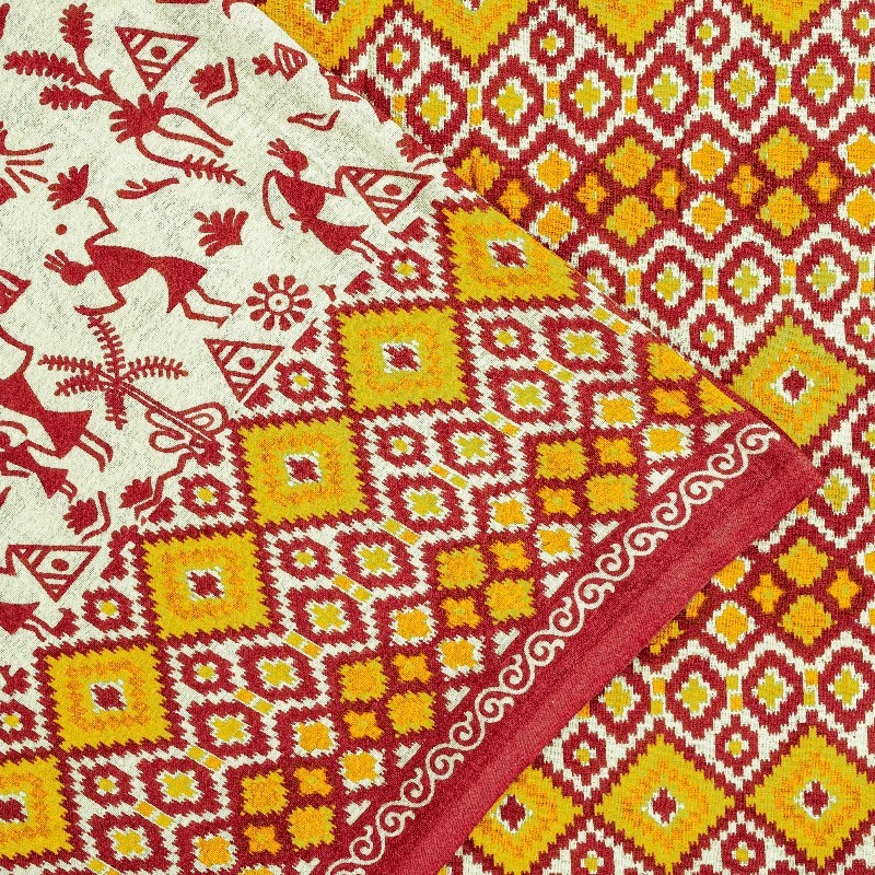Sanskriti Vintage Saree Soft Red-Cream WarliArt Pure Cotton Geometric Print 5+Yd