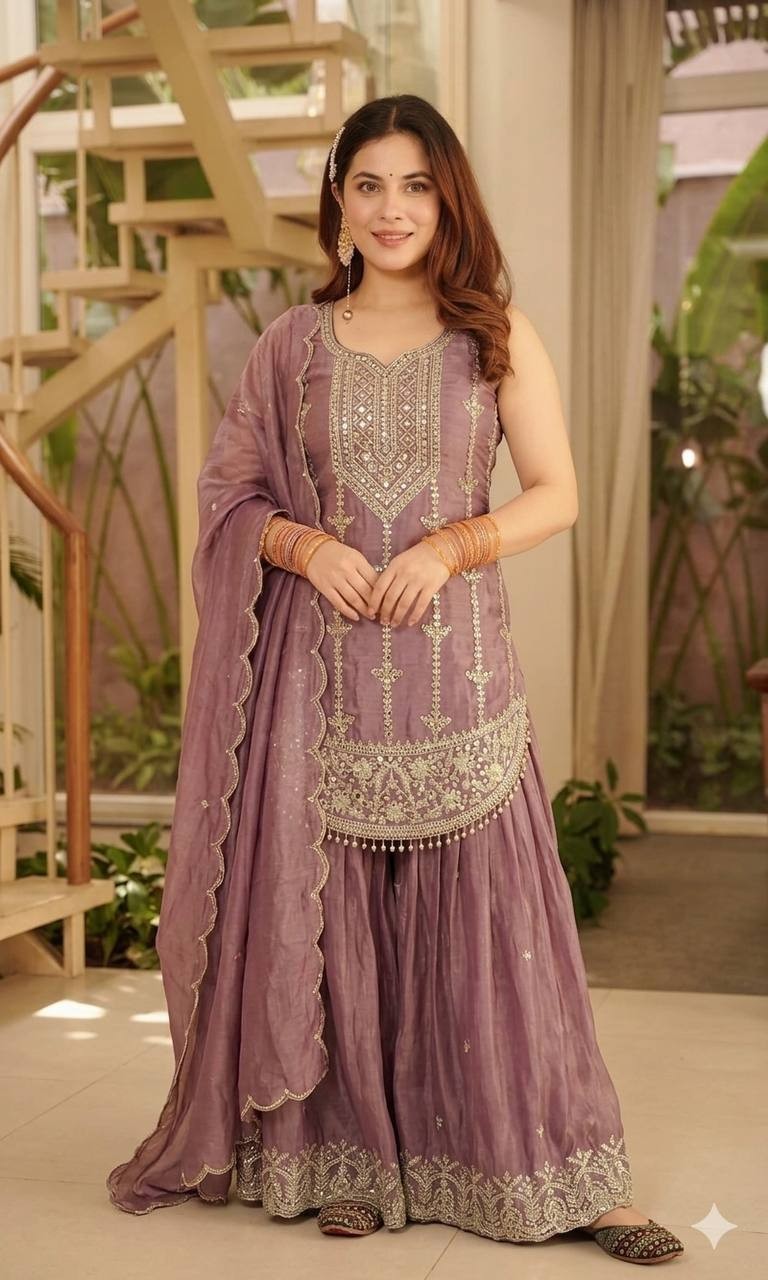 Attractive Look Heavy Silk Lavender Top Palazzo With Dupatta For Reception Wear
