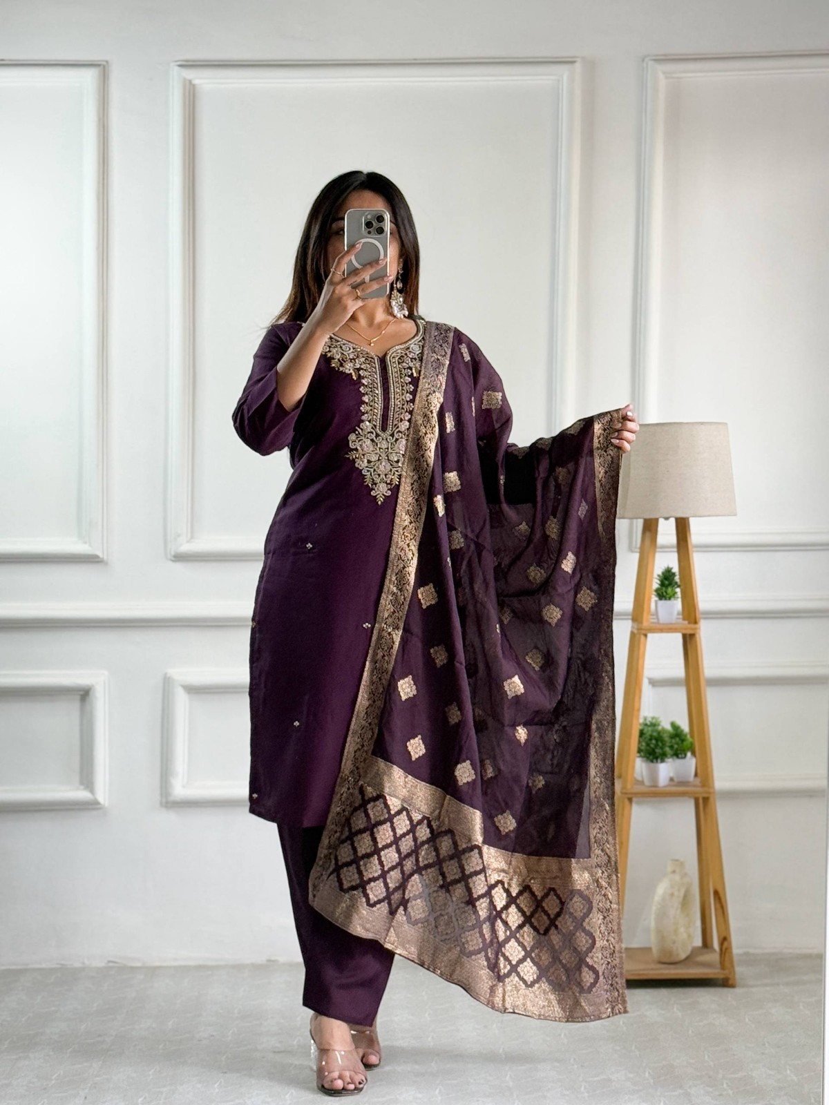Indian Designer Roman Silk Salwar Kameez With Jacquard Silk Dupatta For Women