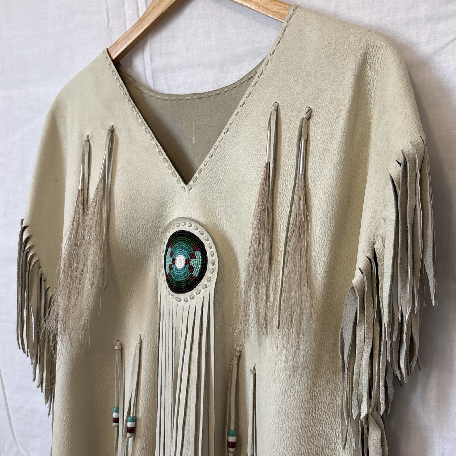 Native American Ivory DoeSkin Beaded Horse Hair Fringe Wedding Dress Medium 8-10