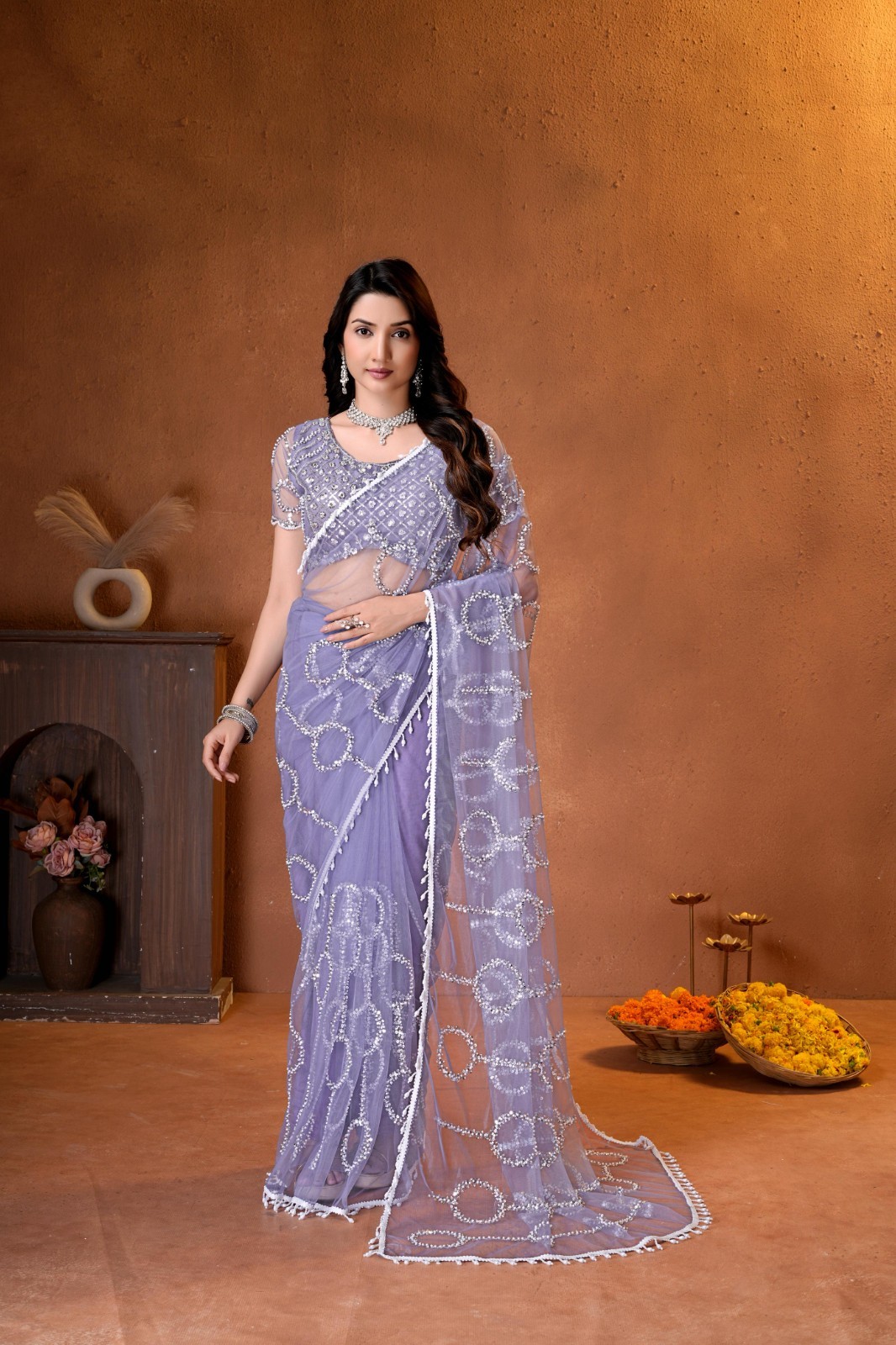 net saree with sequins beads embroidery work with blouse 5 colors available .