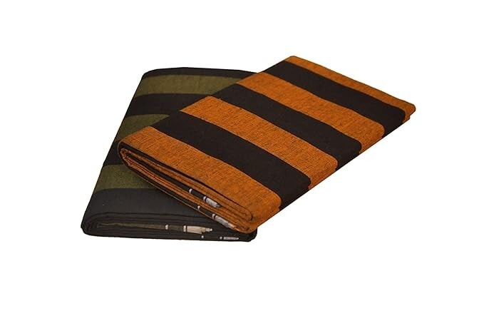 Cotton Black Striped Stitched Lungis for Men/2.00 Mtr ( Mustard/Dark Green )