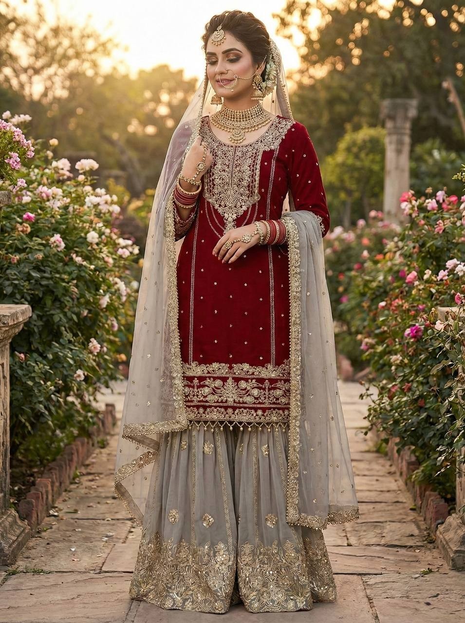 New Designer Faux Georgette Maroon Top Palazzo With Dupatta For Wedding Wear