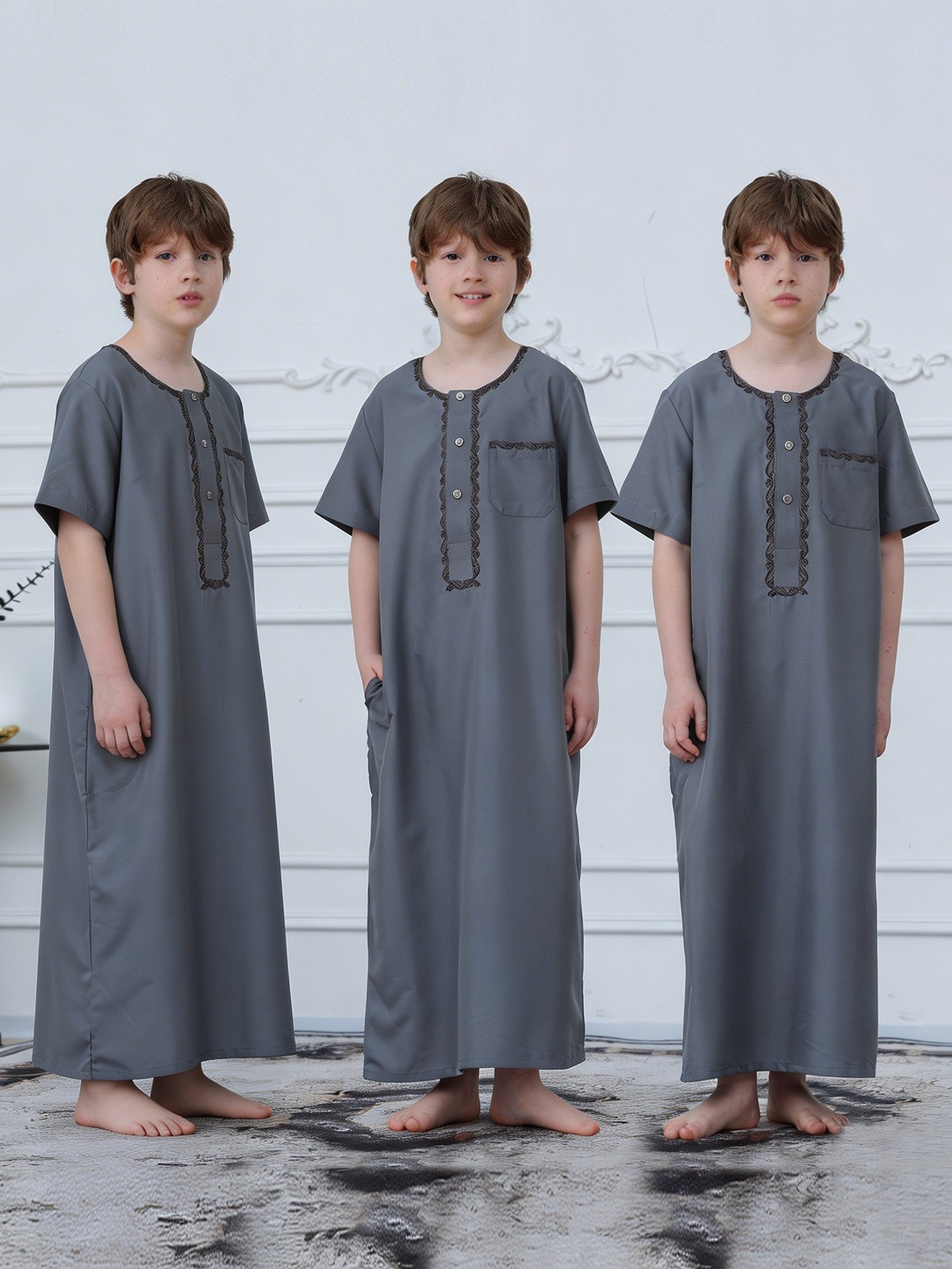 Saudi Arab Boys Thobe Jubba Long Sleeve Abaya Coat Simple Button Daily Wear Eid