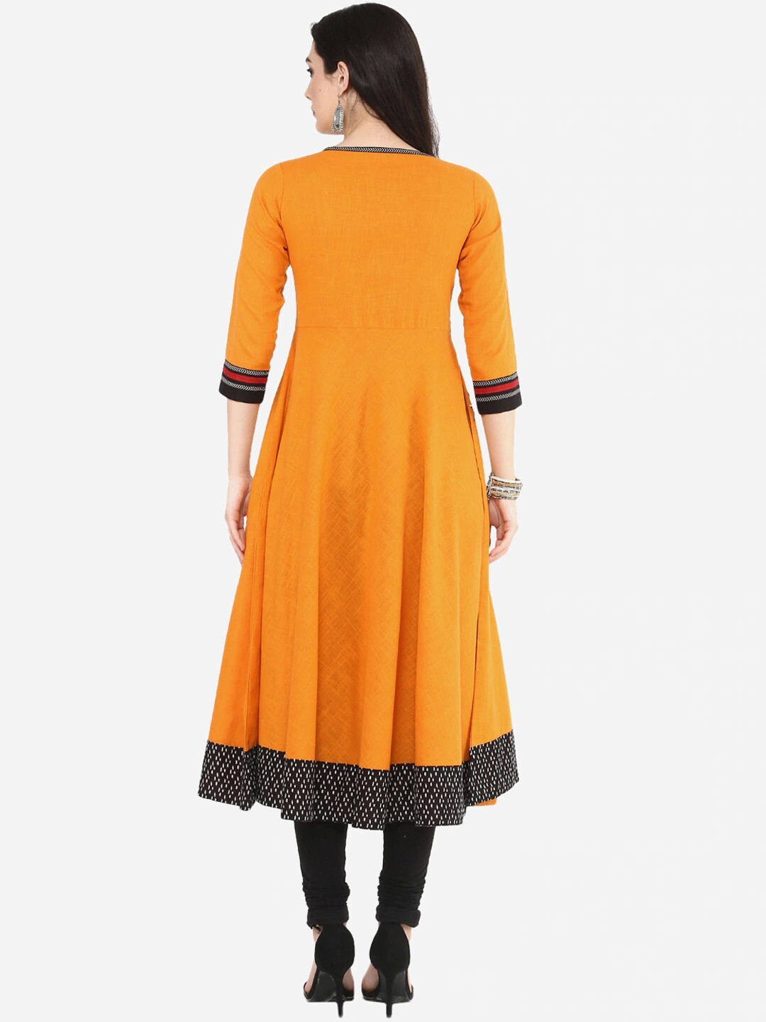 Women’s Embroidered Mustard Cotton Slub Anarkali Kurta, 3/4th Sleeves