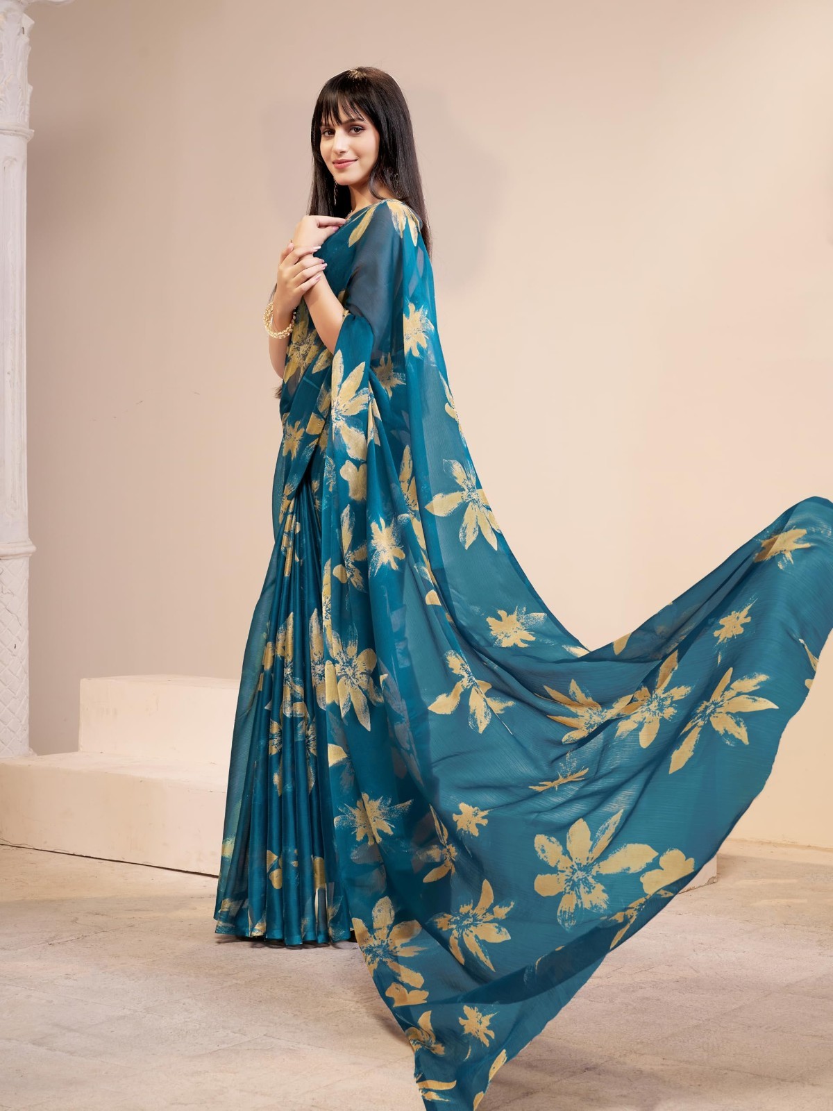 Women’s Floral Print Chiffon Saree Indian Bollywood Designer Festive Party Wear