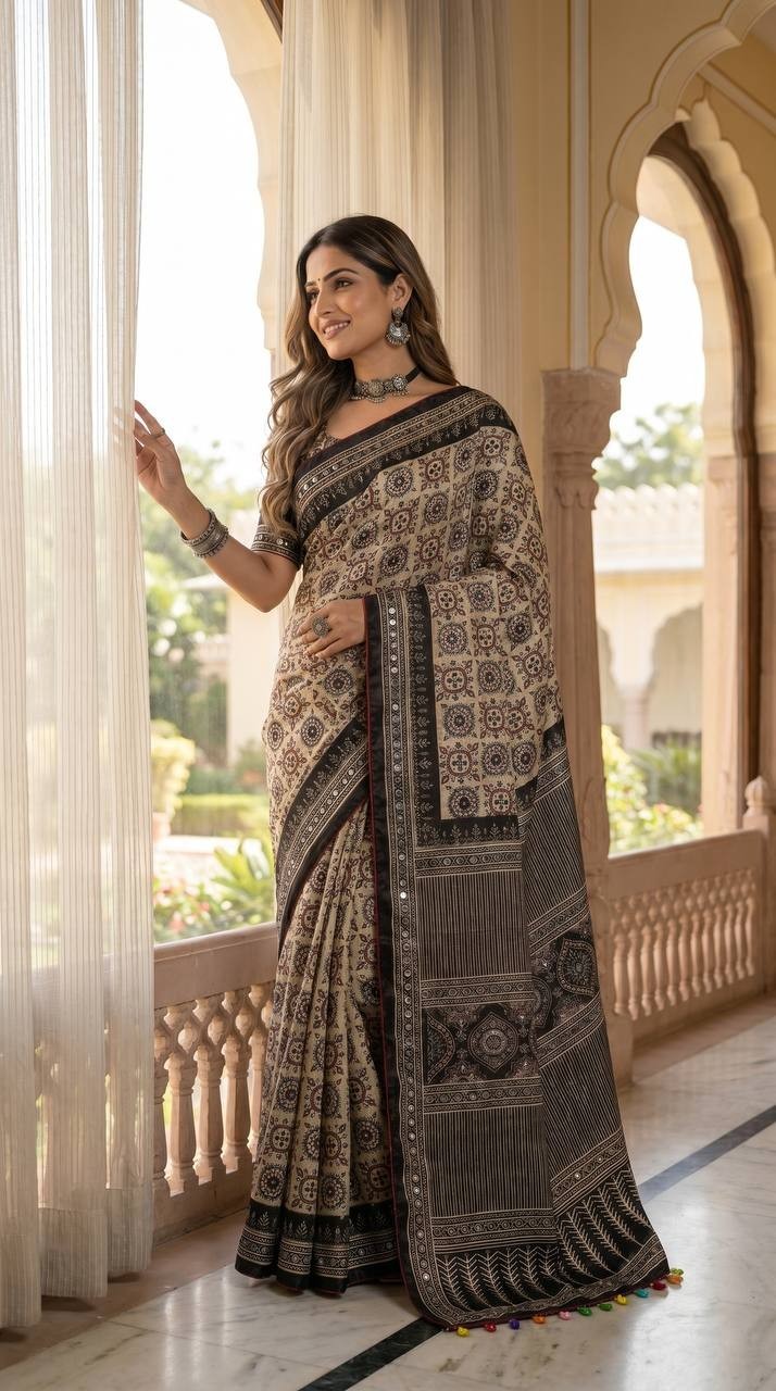 Indian Designer Silk Ajrakh Saree Mirror Work Ethnic Bollywood Party Sari Blouse