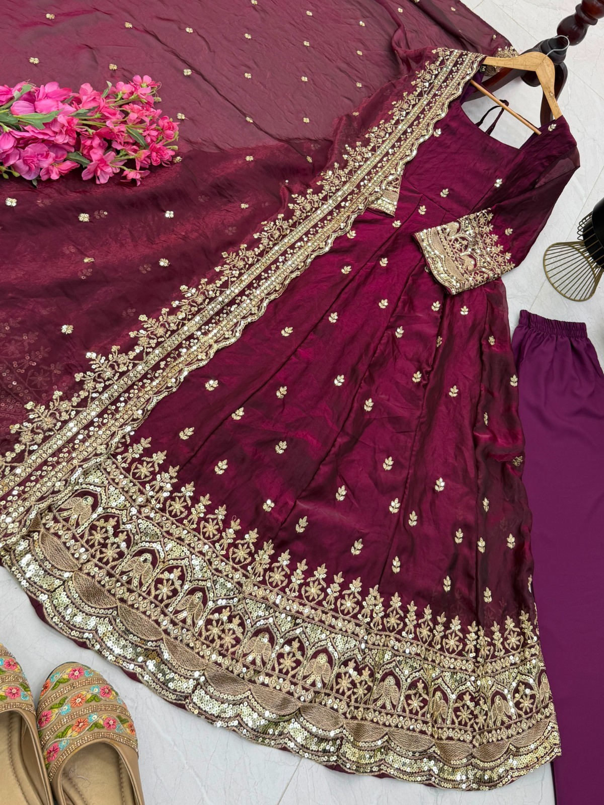 Wine Fendy Silk Heavy Embroidery Ready Made Anarkali Party Wear Dress XXL