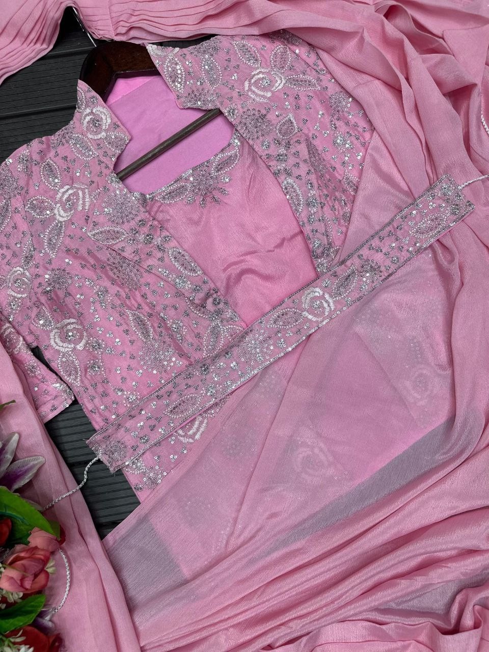 Fancy Designer Chinnon Solid Pre-Draped Saree Stitch Blouse Jacket Belt Set Sari