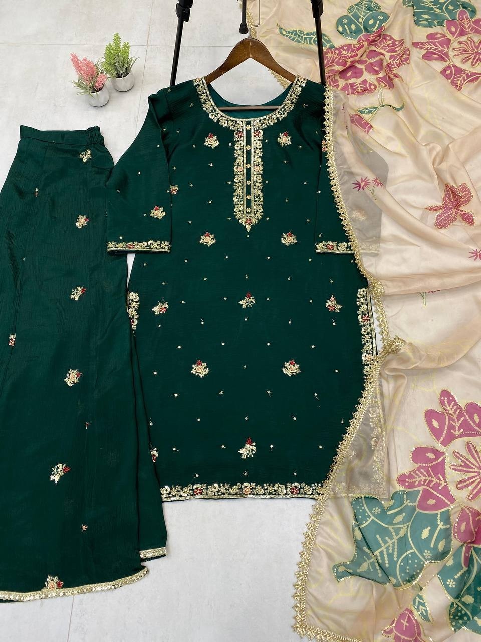 New Exclusive Green Chinon Kurta Palazzo With Organza Dupatta For Women