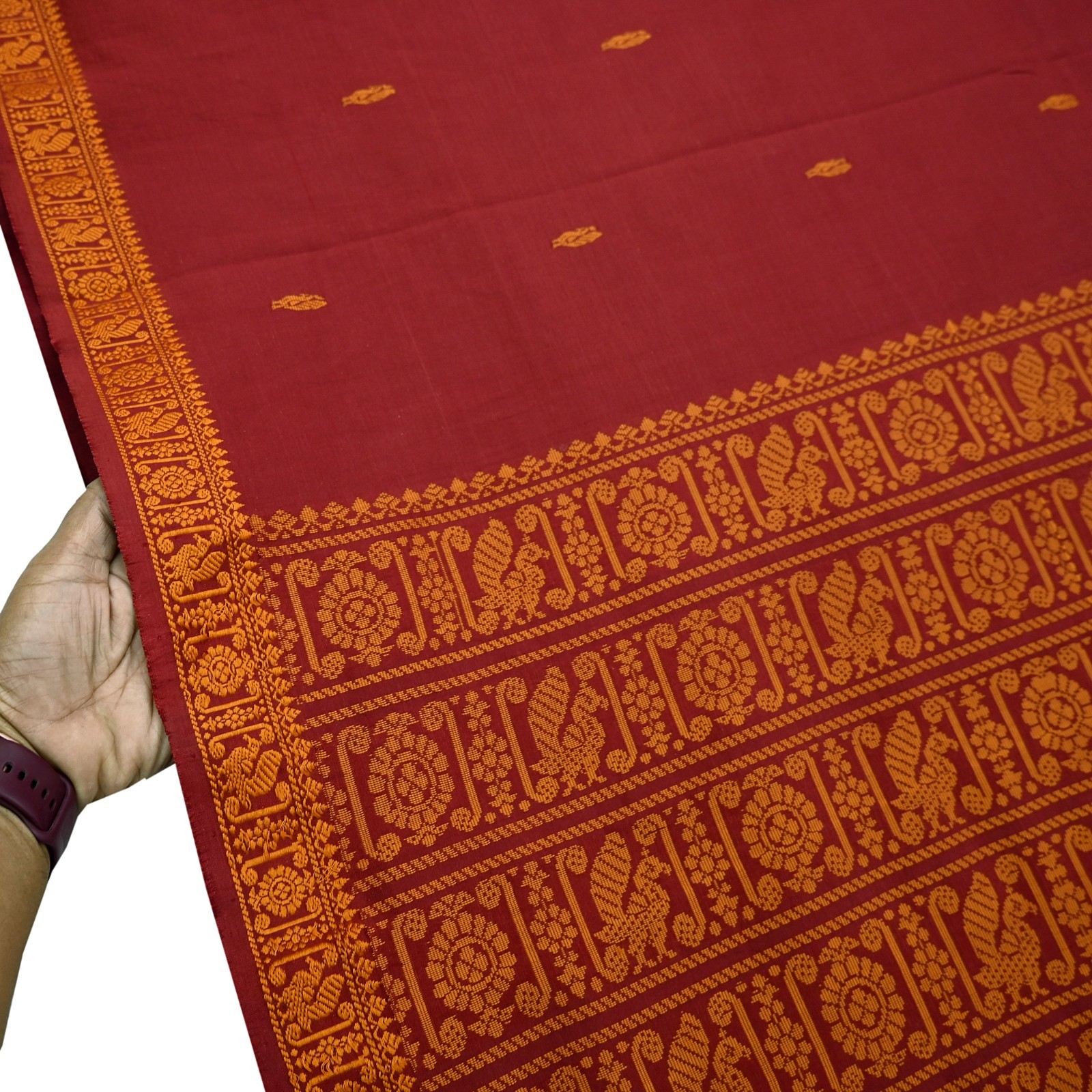 Indian Vintage Sari Maroon & Cream Blend Cotton Hand Woven Baluchari Saree 5yd