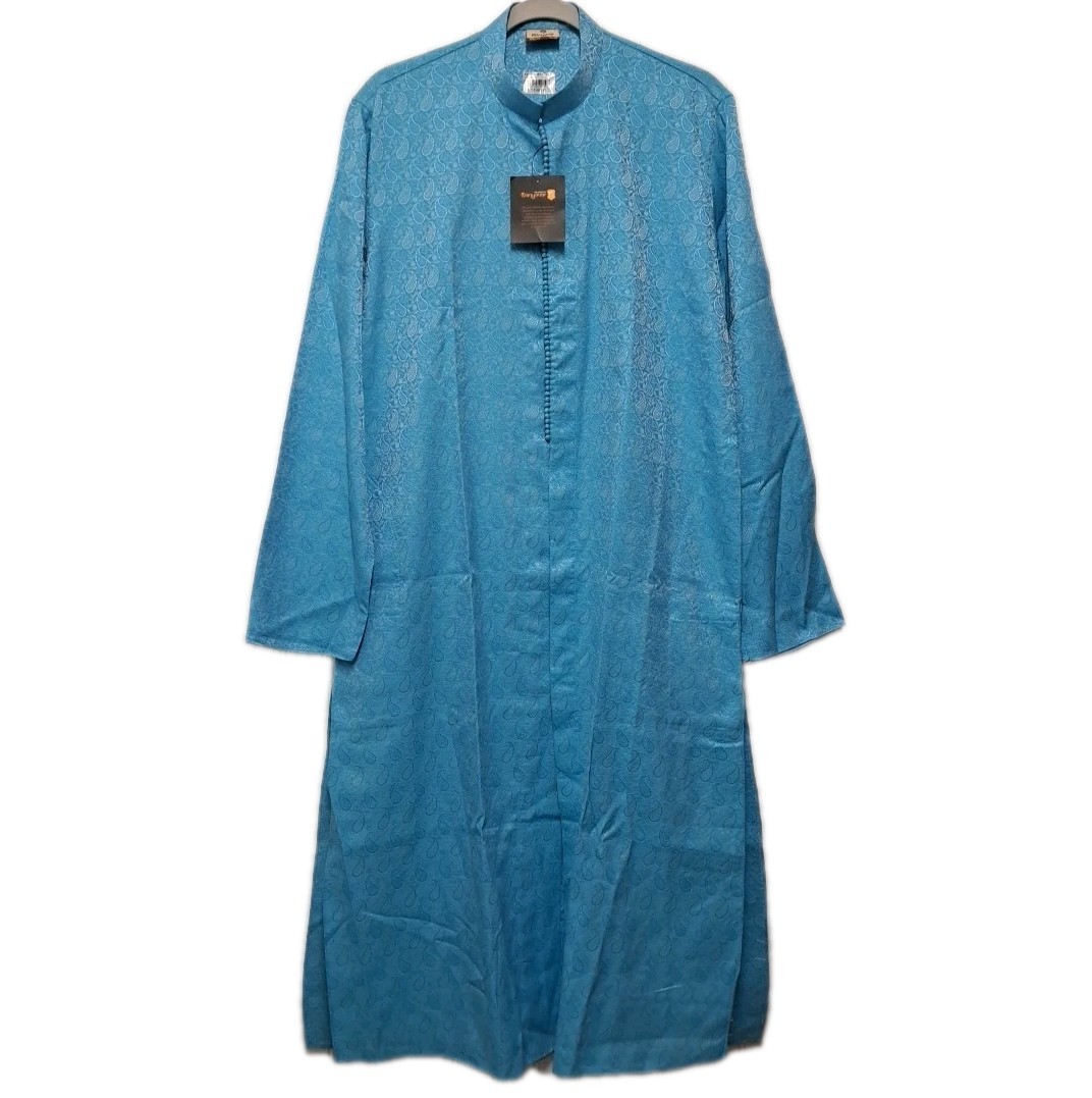 NWT Manyavar Kurta Mens Medium M 38 Blue Paisley Jacquard Silk Indian Pakistani
