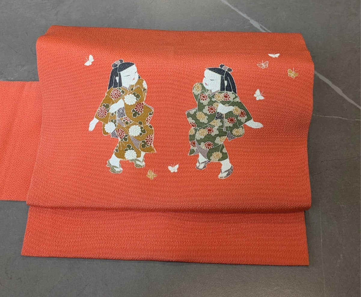 Vintage Japanese Kimono Silk Nagoya Obi Orange Children Dance Paint Textile Art