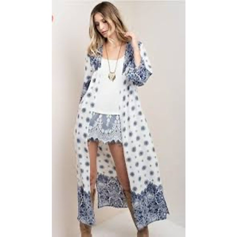 Kori America Bkue White Duster Kimono Boho Print Women’s Size Large