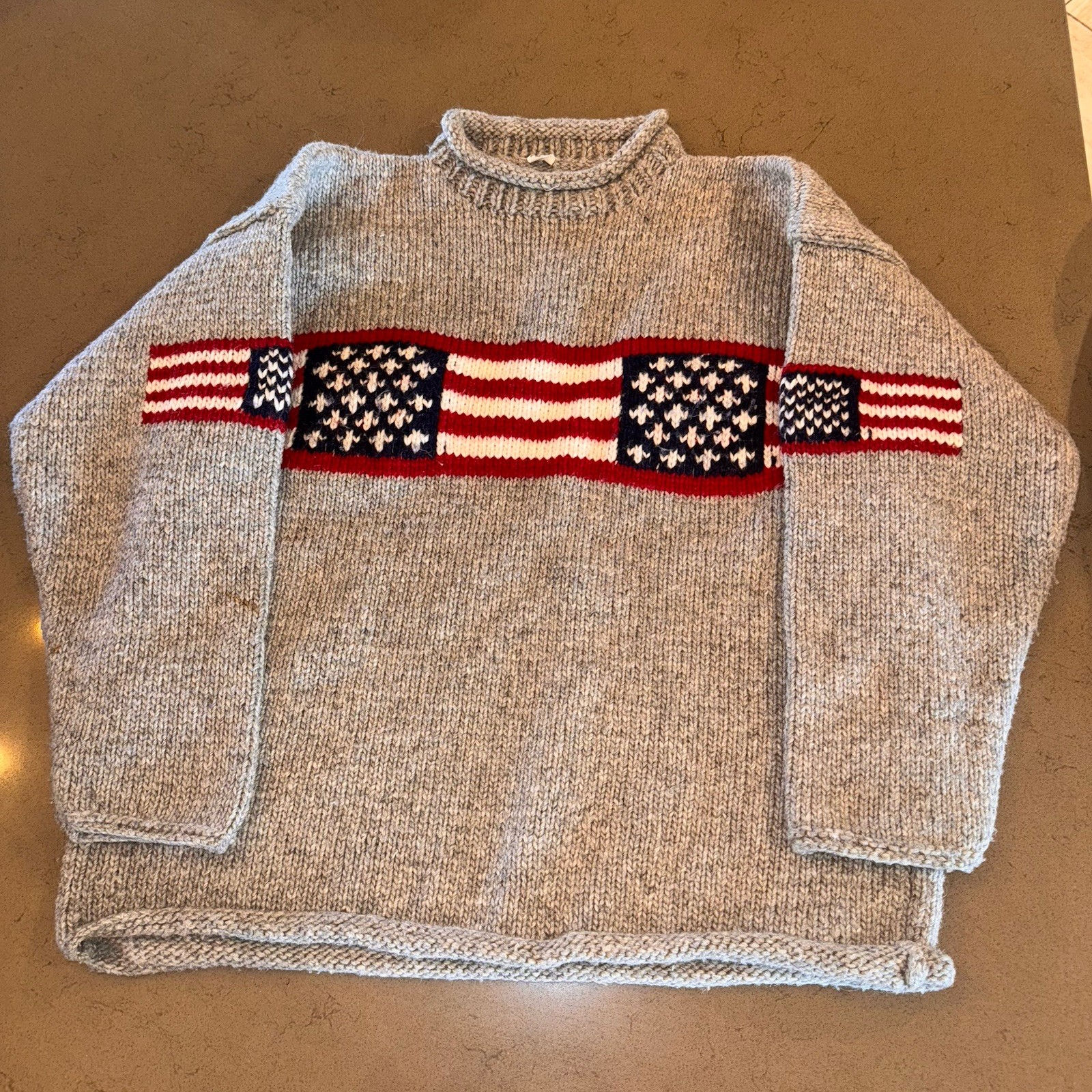Inca 100% Wool Gray Cardigan Sweater American Flag Ecuador Oversized M/L